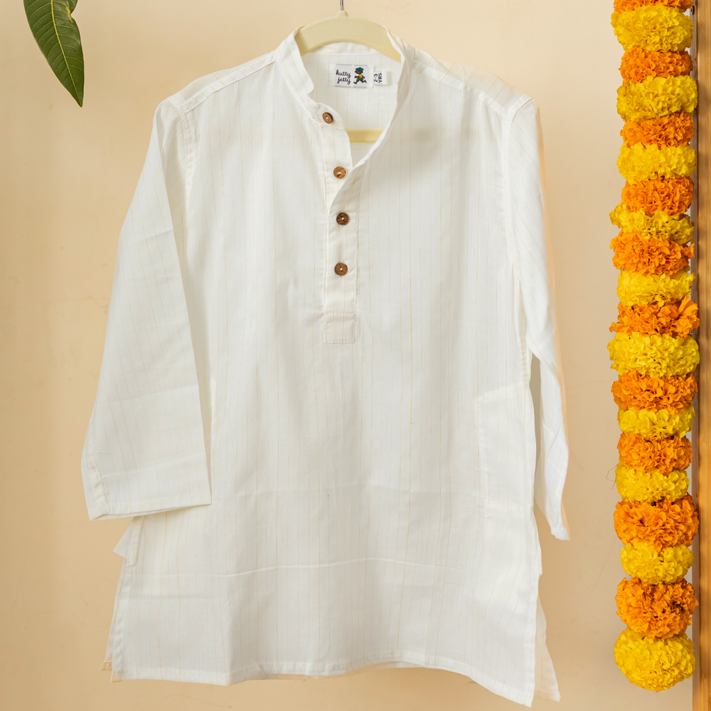 White Kurta With Gold Vertical Stripes
